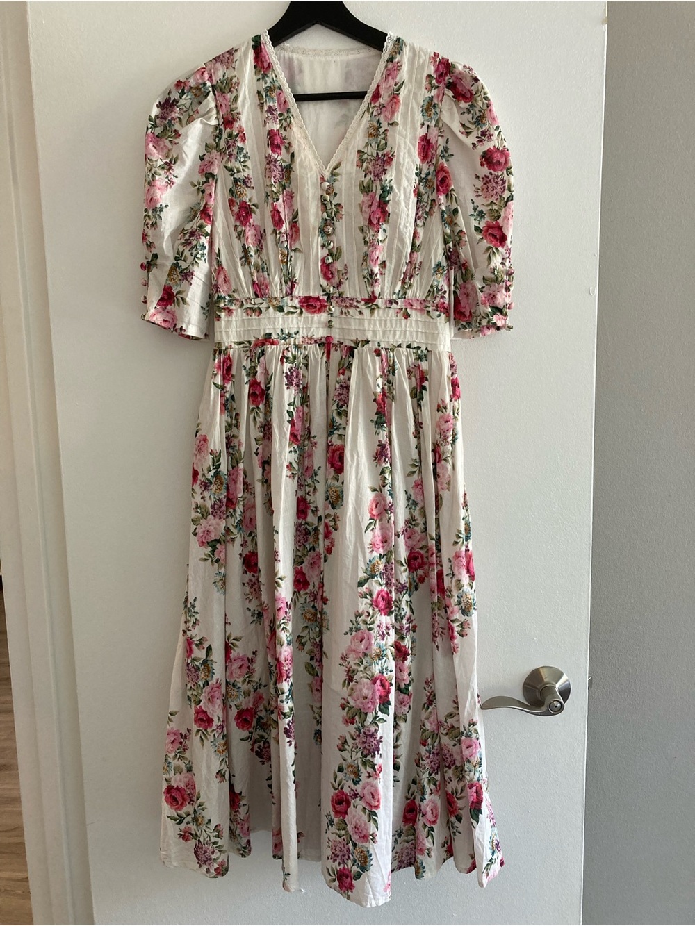 Organic Cotton White Floral Midi Dress with Pink Rose Print Fully Lined Small